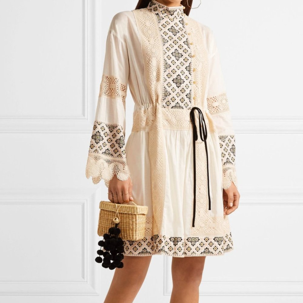 Tory Birch Carlotta Ivory Lace Embriodered Dress Size 2